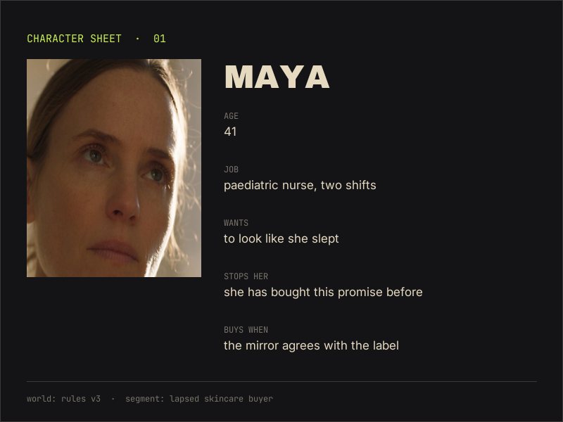A character sheet: portrait, age, job, what she wants, what stops her.